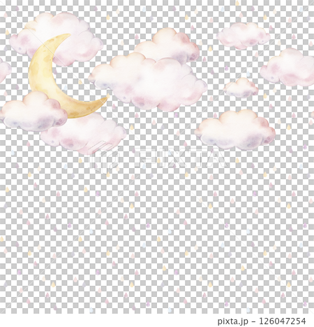 Watercolor Template for childish greeting card with soft moon, raindrops, and clouds forming a frame. Illustration of sky background in pastel colors for Baby shower invitations or nursery posters. 126047254