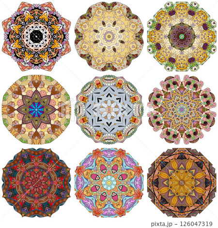 Set of colorful cute Mandalas. Decorative unusual round ornaments. Set of colorful cute Mandalas. Decorative unusual round ornaments. 126047319