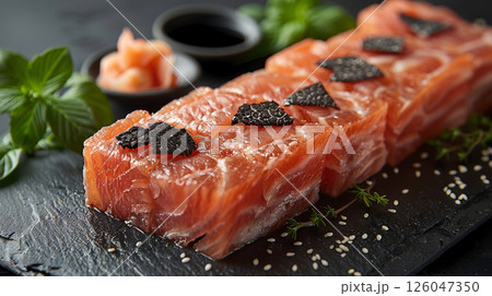 Truffle Sashimi: Vibrant Slices with Rich Black Truffle Shavings and Glistening Truffle Soy Sauce on a Sleek Black Background, Accompanied by Truffle-Infused Sushi Rice Truffle Sashimi: Vibrant Slices with Rich Black Truffle Shavings and Glistening Truffle Soy Sauce on a Sleek Black Background, Accompanied by Truffle-Infused Sushi Rice 126047350