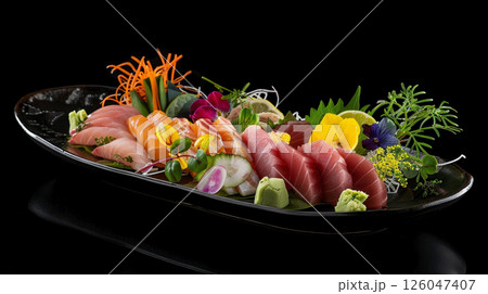 Modern Art Sashimi Platter with Edible Flowers, Microgreens, and Delicate Sauces 126047407
