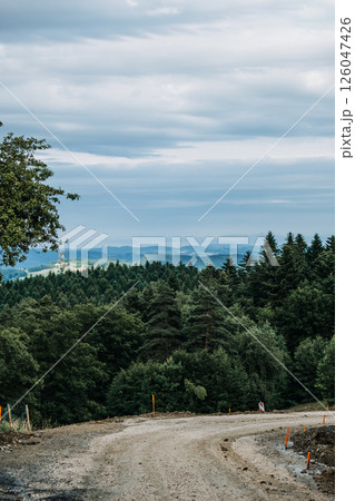 Dirt road under construction winding through a dense forested landscape with mountains in the background. Infrastructure expansion, forest development, land modification, remote access routes.. 126047426
