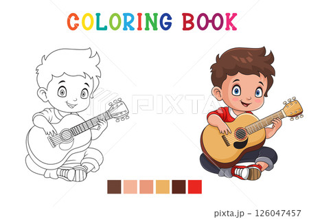 cartoon little boy playing acoustic guitar in coloring book style cartoon little boy playing acoustic guitar in coloring book style 126047457