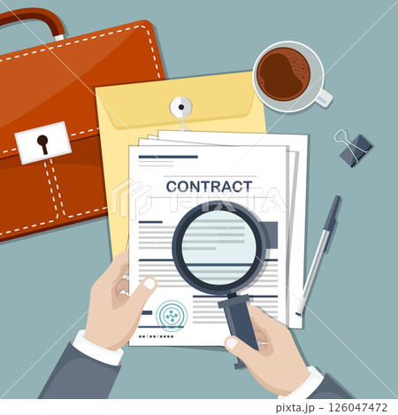 Contract with stamp. Contract inspection concept. Businessman hands holding magnifying glass over a contract. Research documents.	 126047472