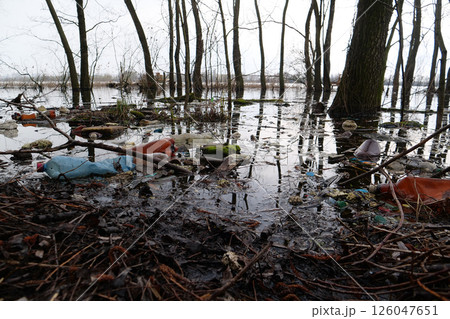 Plastic bottles and many other garbage lies on the shore of the lake Plastic bottles and many other garbage lies on the shore of the lake 126047651