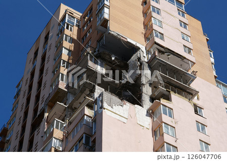 Russian missile damaged multi-storey dwelling building in Kiev city, Ukraine 126047706