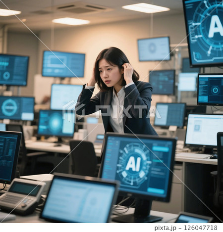 AIや情報通信技術についていけず戸惑う日本人女性 126047718