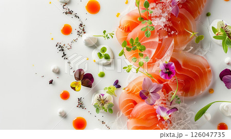 Modern Art Sashimi Platter: sashimi, edible flowers, microgreens, and sauces elegantly arranged on a pristine white background Modern Art Sashimi Platter: sashimi, edible flowers, microgreens, and sauces elegantly arranged on a pristine white background 126047735