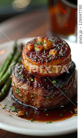 Foie Gras-Stuffed Veal Osso Buco: Elegant Plate with Foie Gras Demi-Glace and Buttered Asparagus, Vertical View 126047780