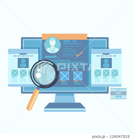 Human resources, Employment, Selection of the best candidate. Recruitment platform, agency. Resume, computer, video connection, interview. Flat vector illustration	 126047828