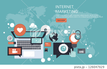 Internet marketing. Digital marketing and advertising. Newsletter and promotion. Flat vector illustration Internet marketing. Digital marketing and advertising. Newsletter and promotion. Flat vector illustration 126047829