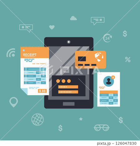 Internet payments, data protection, money transfer, online banking, mobile wallet, pay history, mobile app. Online Payment Concept. Phone with user interface login and password. Flat vector Internet payments, data protection, money transfer, online banking, mobile wallet, pay history, mobile app. Online Payment Concept. Phone with user interface login and password. Flat vector 126047830