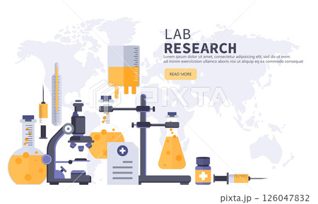 Laboratory and medicine research. Laboratory equipment banner. Concept for science, medicine and knowledge. Research concept. Flat vector illustration Laboratory and medicine research. Laboratory equipment banner. Concept for science, medicine and knowledge. Research concept. Flat vector illustration 126047832