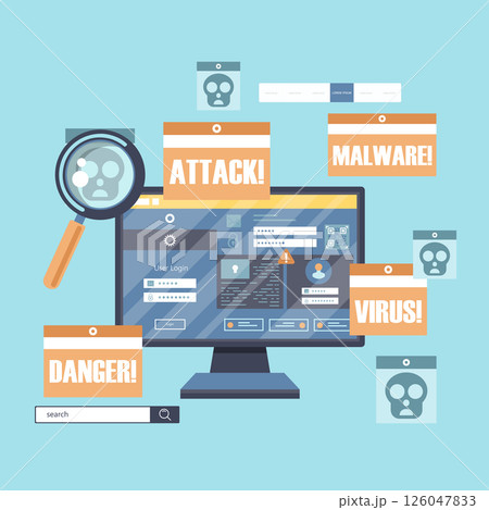 Malware concept. Concept of virus, piracy, hacking and security. Website banner of e-mail protection, anti-malware software. Computer Viruses Attack, Errors detected, Warning signs, Stealing data.	 126047833