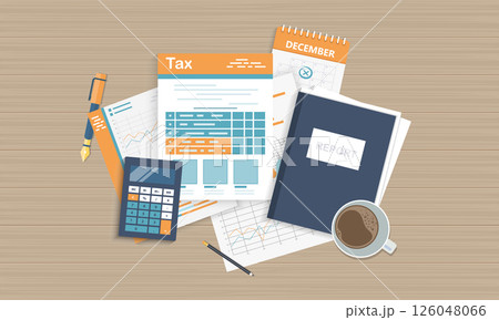 Tax payment concept. State Government taxation, calculation of tax return. Tax form with paper documents, forms, calendar, laptop, calculator. Pay the bills, invoices, payrolls. Vector illustration.	 126048066