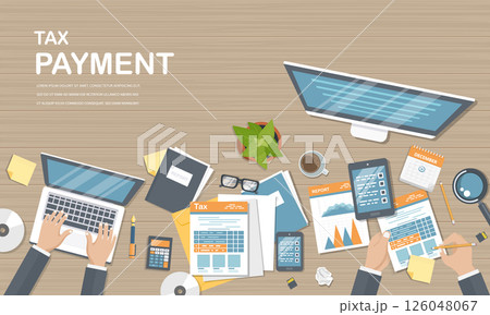 Tax payment concept. State Government taxation, calculation of tax return. Tax form with paper documents, forms, calendar, laptop, calculator. Pay the bills, invoices, payrolls. Vector illustration.	 126048067