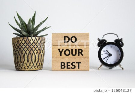 Do your Best symbol. Concept words Do your Best on wooden blocks. Beautiful white background with succulent plant and alarm clock. Business and Do your Best concept. Copy space. 126048127