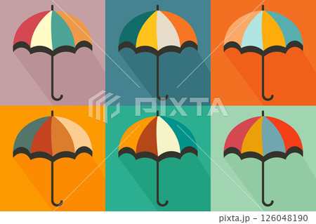 set of colorful umbrellas in retro colors flat vector illustration.	 126048190