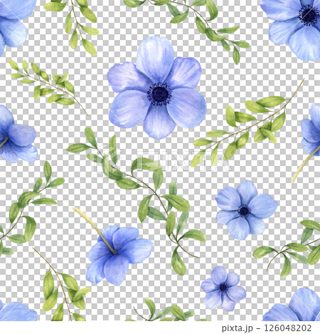 Blue anemone flowers and abstract green leafy branches Seamless watercolor pattern isolated background. Floral illustration for modern textile designs, wedding stationery, ethereal home decor 126048202