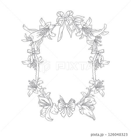 Hand drawn black and white line art lily flowers wreath. Vintage monochrome card template with cute floral frame Hand drawn black and white line art lily flowers wreath. Vintage monochrome card template with cute floral frame 126048323