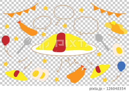 Speech bubble and food set of omelet rice and fried shrimp 126048354