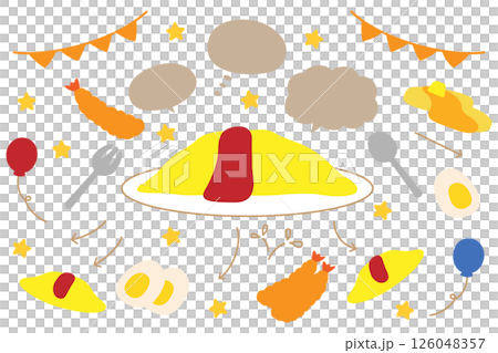 煎蛋飯和炸蝦的語音泡沫和食物套裝 126048357