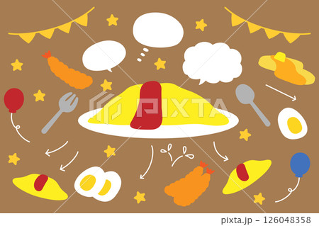 吹き出しとオムライスやエビフライの食べ物セット 126048358