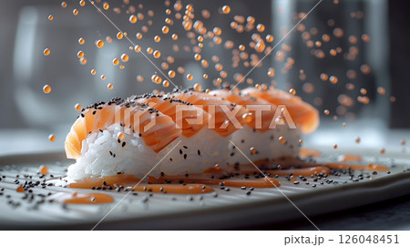 Sashimi with Black Truffle: Floating Slices, Drizzling Truffle Soy Sauce, and Whimsical Sushi Rice 126048451