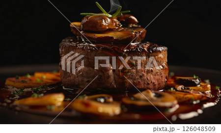 Dramatic Mushroom Tournedos Rossini: Filet Mignon, Foie Gras, and Sauteed Wild Mushrooms 126048509
