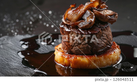 Elegant Porcini Tournedos Rossini: Filet Mignon, Foie Gras, Porcini Sauce, and Creamy Polenta 126048511