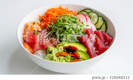 Rainbow Sashimi Bowl: Vibrant Sashimi, Avocado, Cucumber, Radish Sprouts, and Sushi Rice 126048512