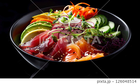 Rainbow Sashimi Bowl: Vibrant Sashimi, Avocado, Cucumber, and Sushi Rice on a Sleek Black Background 126048514
