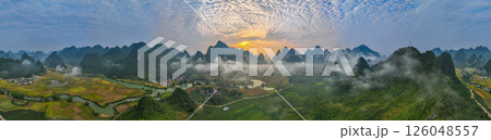 Aerial panorama view of stunning clouds in sunrise over the mountains 126048557
