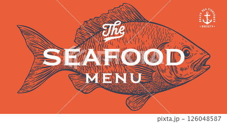 Gilt-head bream, fish, Dorado, seafood, sketch. Vintage retro print, seafood fish sketch, logo sign template, ink pencil style drawing, engrave old school. Hand drawn sketch fish. Vector Illustration Gilt-head bream, fish, Dorado, seafood, sketch. Vintage retro print, seafood fish sketch, logo sign template, ink pencil style drawing, engrave old school. Hand drawn sketch fish. Vector Illustration 126048587