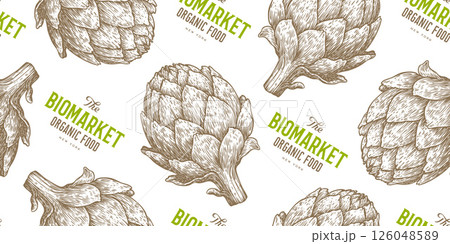 Artichoke, vegetable. Seamless pattern background. Tag, label, sign, artichoke drawing, sketch ink pencil draw, seamless pattern background. Seamless pattern paper background. Vector Illustration Artichoke, vegetable. Seamless pattern background. Tag, label, sign, artichoke drawing, sketch ink pencil draw, seamless pattern background. Seamless pattern paper background. Vector Illustration 126048589
