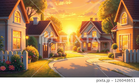 illustration of suburban neighborhood at golden hour of sunset. Cartoon background location for games 126048651