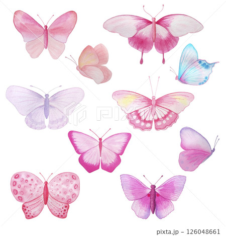 Set of fantasy pink, purple and blue butterflies. Hand drawn watercolor isolated on white background. 126048661