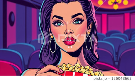 Vibrant comic style illustration of Woman with bucket of popcorn sitting in cinema hall 126048662