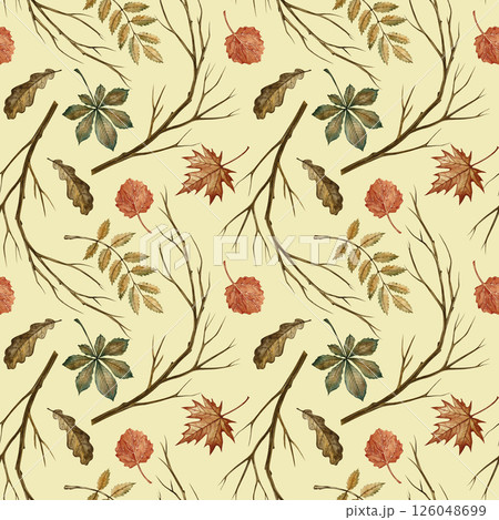 Seamless pattern with different autumn floral elements. Handmade watercolor illustration. On a colored background. Great for packaging, decor, textiles and wallpaper, for printing and wrapping paper. Seamless pattern with different autumn floral elements. Handmade watercolor illustration. On a colored background. Great for packaging, decor, textiles and wallpaper, for printing and wrapping paper. 126048699