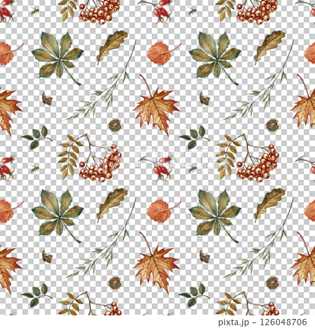 Seamless pattern with different autumn floral elements. Handmade watercolor illustration. Color image. Great for packaging, decor, textiles and wallpaper, for printing and wrapping paper. 126048706