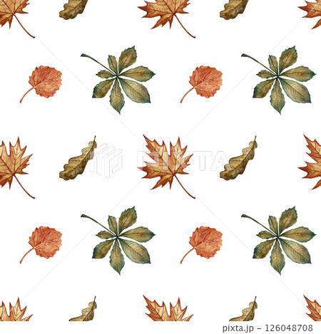 Seamless pattern with different autumn leaves. Handmade watercolor illustration. Color image. Great for packaging, decor, textiles and wallpaper, for printing and wrapping paper. 126048708