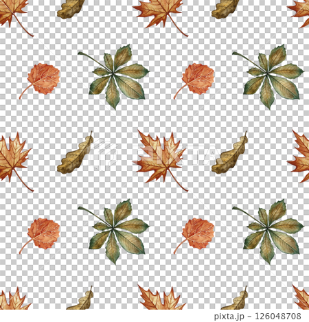 Seamless pattern with different autumn leaves. Handmade watercolor illustration. Color image. Great for packaging, decor, textiles and wallpaper, for printing and wrapping paper. 126048708