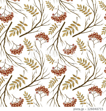 Seamless autumn pattern with berries and leaves of mountain ash. Handmade watercolor illustration. color image. For packaging, decor, textiles and wallpaper, printing and wrapping paper. Seamless autumn pattern with berries and leaves of mountain ash. Handmade watercolor illustration. color image. For packaging, decor, textiles and wallpaper, printing and wrapping paper. 126048715