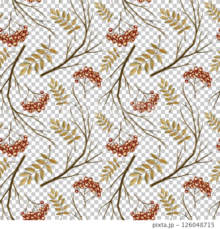 Seamless autumn pattern with berries and leaves of mountain ash. Handmade watercolor illustration. color image. For packaging, decor, textiles and wallpaper, printing and wrapping paper. Seamless autumn pattern with berries and leaves of mountain ash. Handmade watercolor illustration. color image. For packaging, decor, textiles and wallpaper, printing and wrapping paper. 126048715