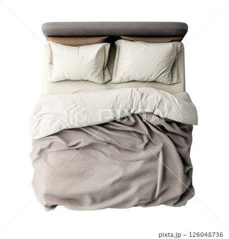 Double bed with plaid blanket and pillows, top view 126048736