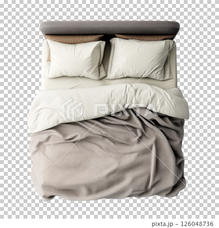 Double bed with plaid blanket and pillows, top view 126048736