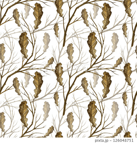 Seamless pattern with autumn oak leaves and branches. Handmade watercolor illustration. Color image. Great for packaging, decor, textiles and wallpaper, for printing and wrapping paper. Seamless pattern with autumn oak leaves and branches. Handmade watercolor illustration. Color image. Great for packaging, decor, textiles and wallpaper, for printing and wrapping paper. 126048751