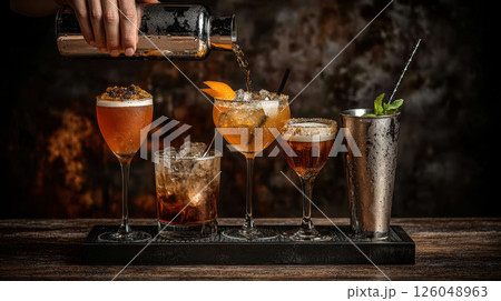 Elegant cocktail display with variety of mixed drinks in glasses on rustic wooden bar under dim ambient lighting 126048963