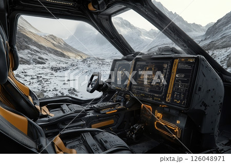 Futuristic spacecraft cockpit overlooking snow-covered mountainous landscape with high-tech control panels 126048971