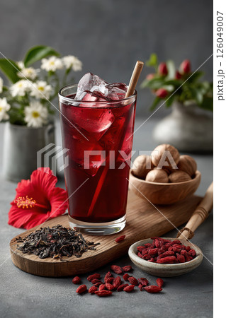 Refreshing hibiscus iced tea with ice cubes and goji berries set on wooden board with walnuts, flowers, and greenery in the background 126049007