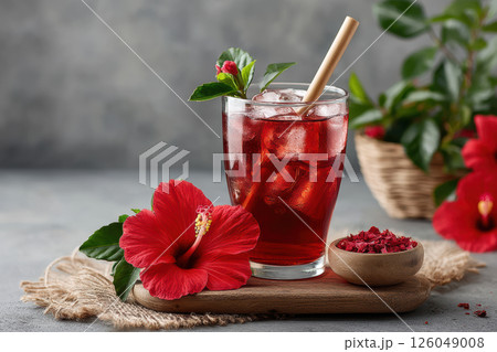 Refreshing iced hibiscus tea in glass with ice cubes and straw on rustic table with red flowers and green leaves 126049008